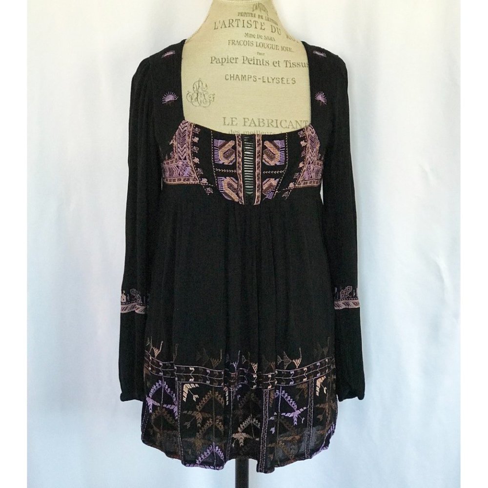 Free People Black Tribal Boho Gypsy Blouse Loose